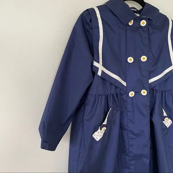 Rothschild Vintage 1980s 80s Edwardian Girls Dress Coat Size Large Blue Hooded